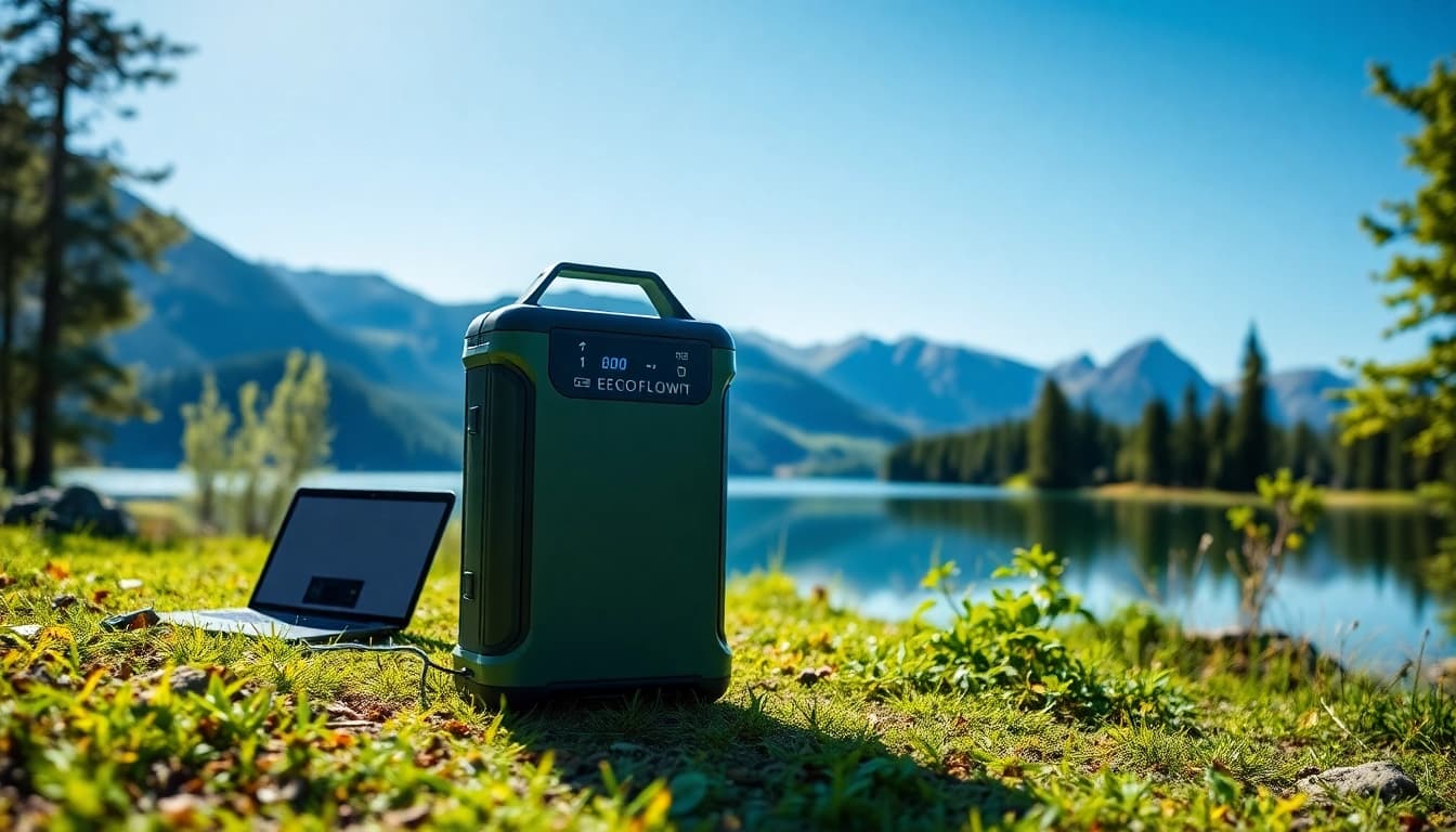 Empower EcoFlow portable power station in a scenic outdoor setting, combining nature and technology.