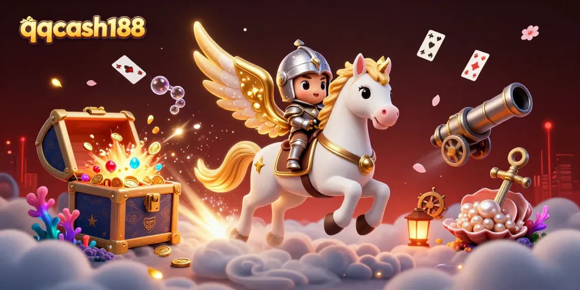 Embark on winning adventures at qqcash188 with an armored knight riding a celestial horse amid coins and stardust.
