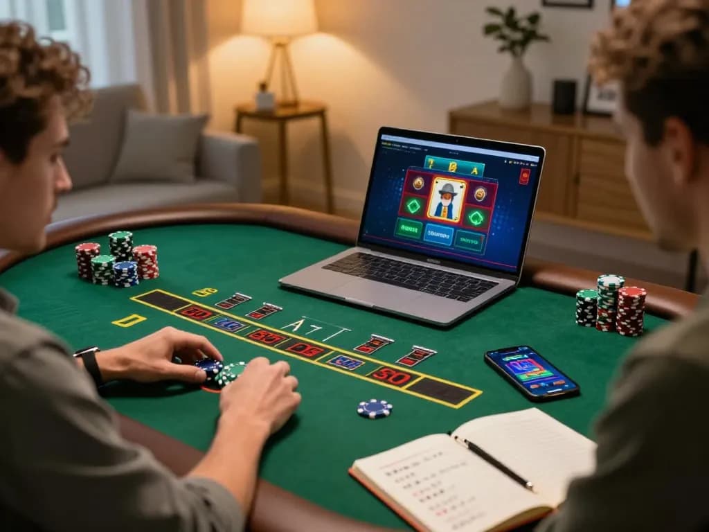 Player enjoying luckywin experience at home blackjack table on laptop with chips and strategy notes.