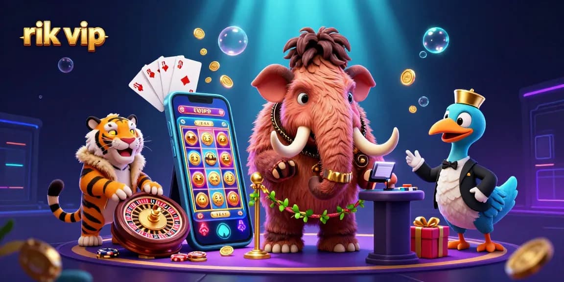 Experience the luxury of rik vip casino with a cartoon bouncer, VIP guest, and doorman in a dazzling 3D illustration.