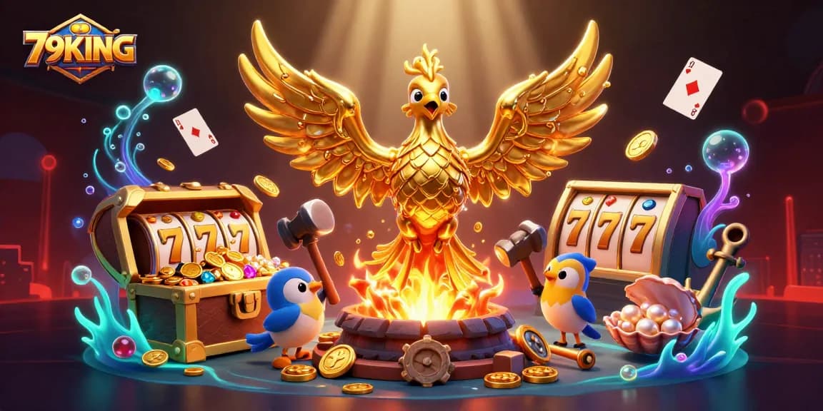 Experience the thrill of fortune with 79KING's molten phoenix emerging from riches, showcasing exhilarating casino elements.