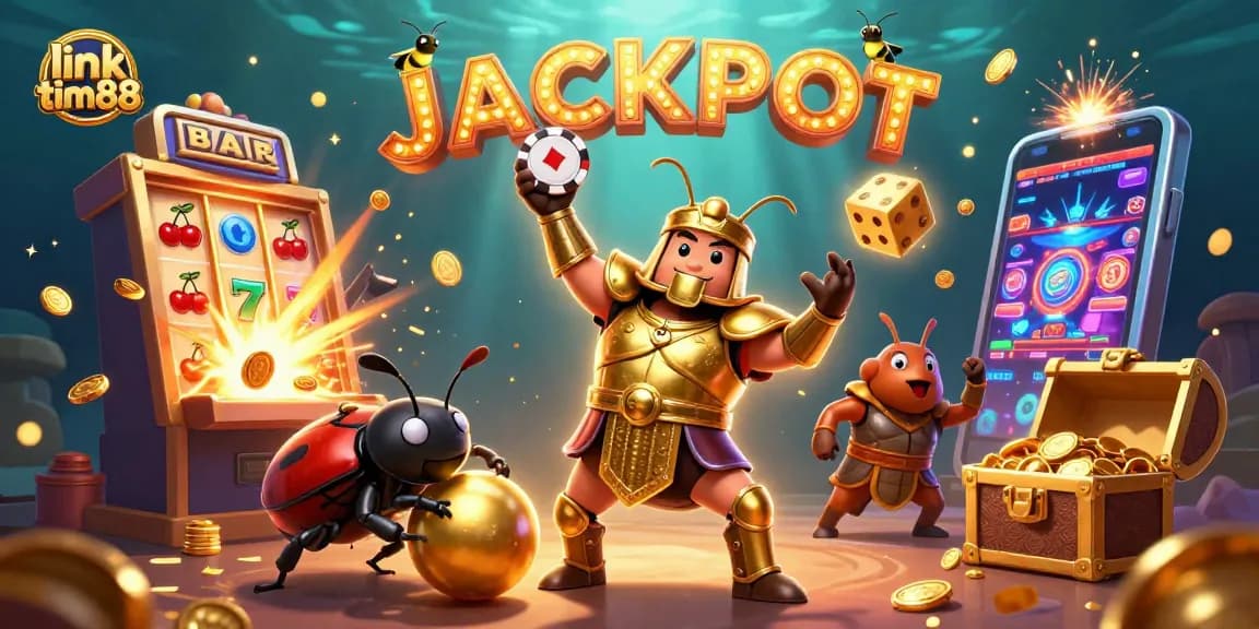 Experience the excitement of link tim88 with 3D beetles and jackpot coins in an energetic casino scene.