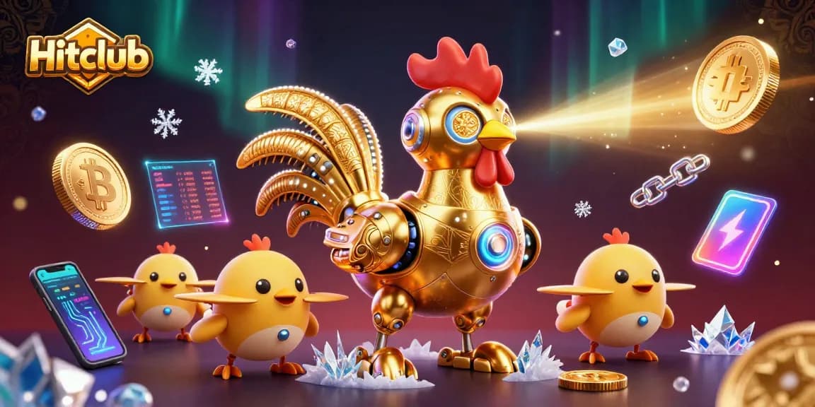 Hitclub showcases a vibrant 3D casino scene featuring a golden rooster robot and crypto elements.