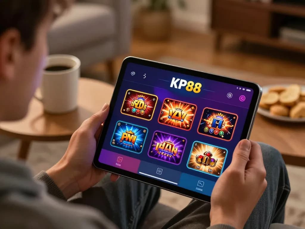Engaging moment of đăng nhập KP88 on a tablet in a cozy home setting for a fun gaming experience.