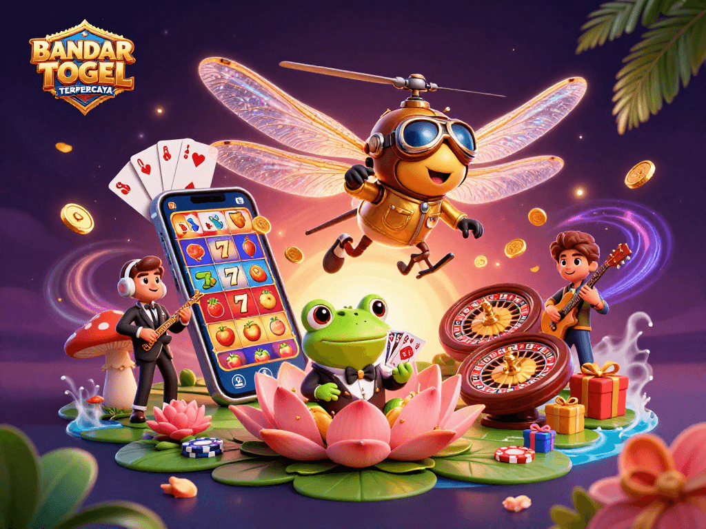 Play and win at BANDAR TOGEL TERPERCAYA with a vibrant casino scene featuring engaging characters and slots.
