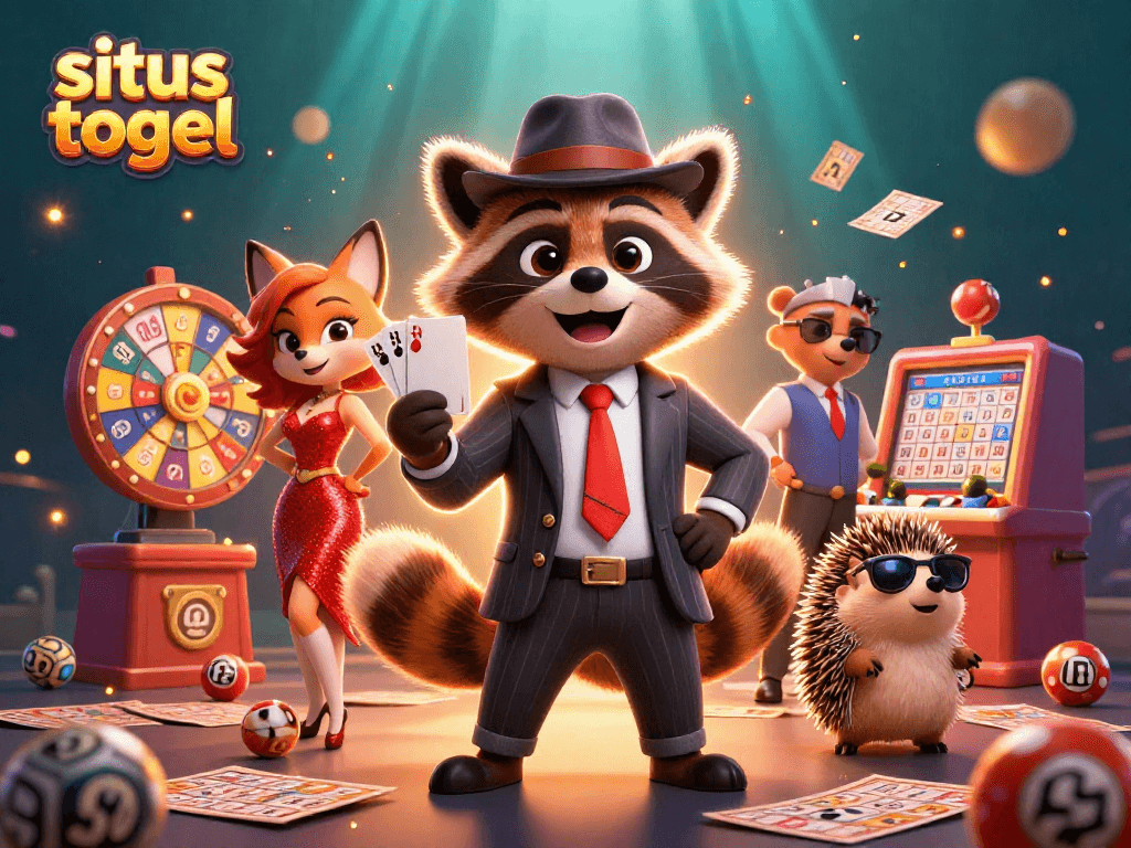 Engage in situs togel excitement with a raccoon in a stylish suit, a fox lady, and a hedgehog bouncer amid dynamic lottery elements.