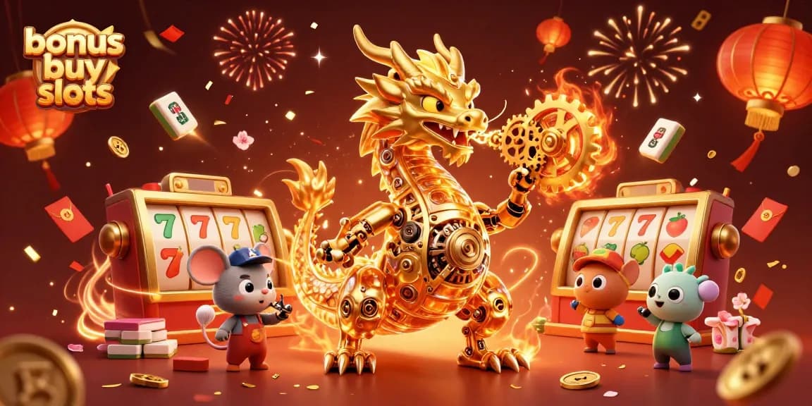Experience thrilling bonus buy slots with this dynamic illustration featuring a biomechanical dragon and vibrant casino elements.
