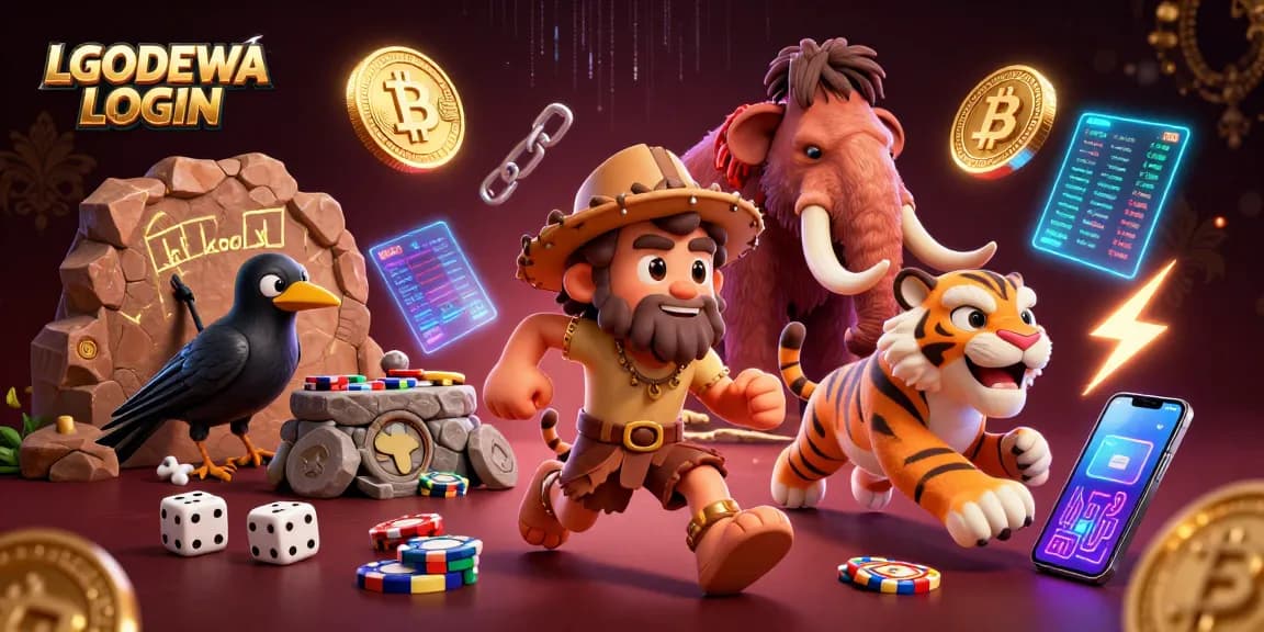 Engage with LGODEWA LOGIN at a dynamic prehistoric casino featuring playful characters and crypto elements.