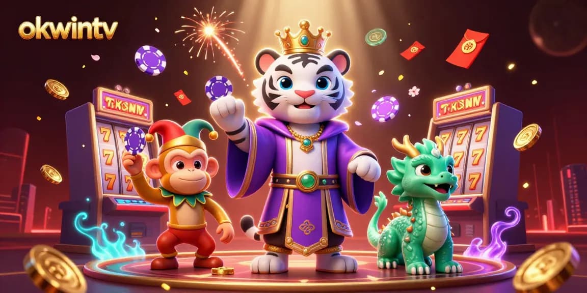 Engage with the thrilling world of okwintv featuring a royal white tiger, playful monkey, and jade dragon in a vibrant casino setting.