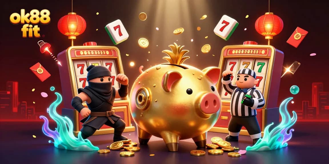 Experience the thrill with ok88 fit as golden piggy bank sumo wrestler coins rain down in a vibrant casino scene.