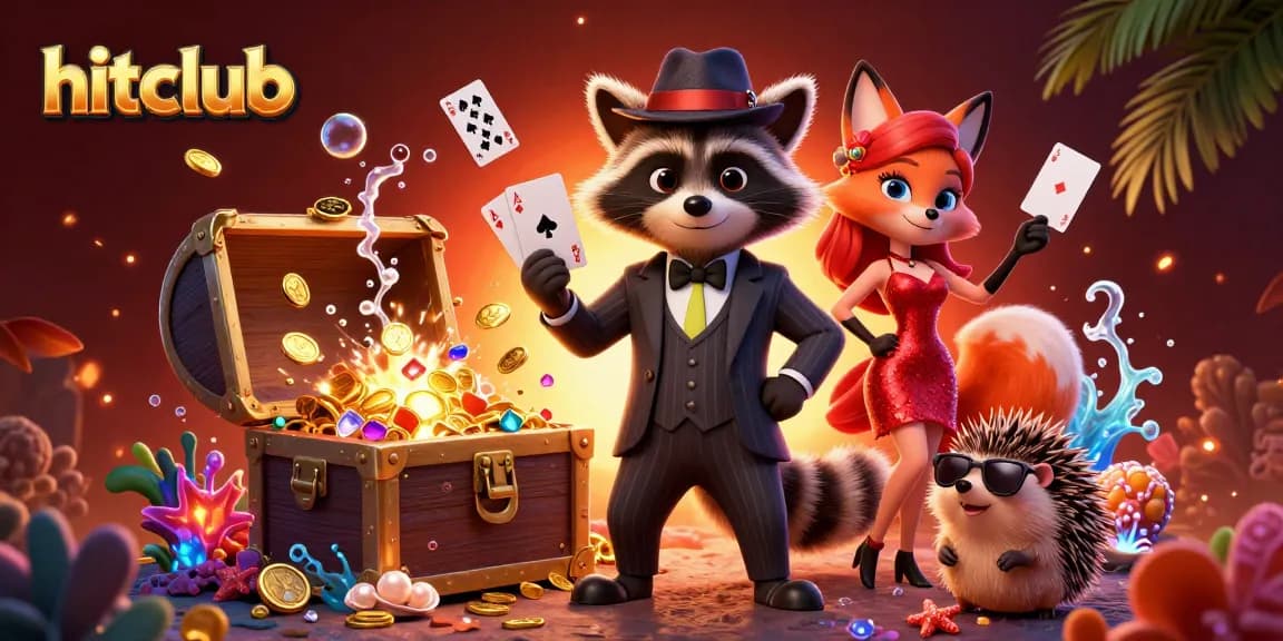 hitclub casino players enjoying a royal flush with raccoon, fox, and hedgehog in a vibrant scene
