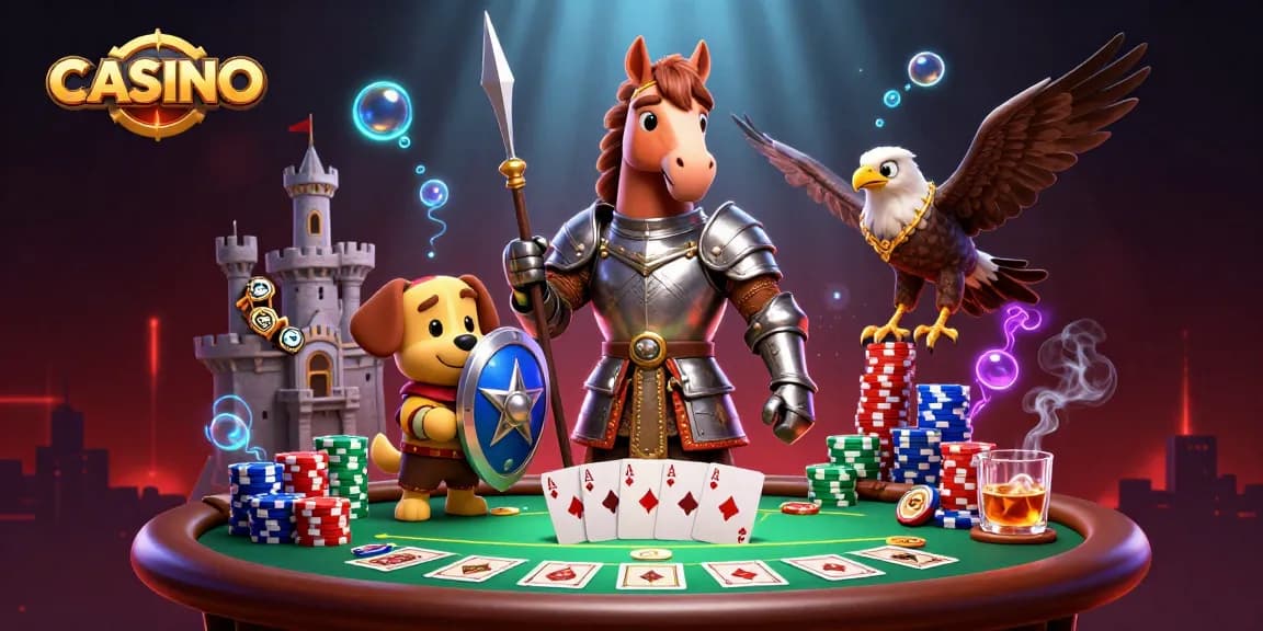 Engage in a vibrant CASINO atmosphere with a knight, squire, and falcon amidst dynamic poker action.