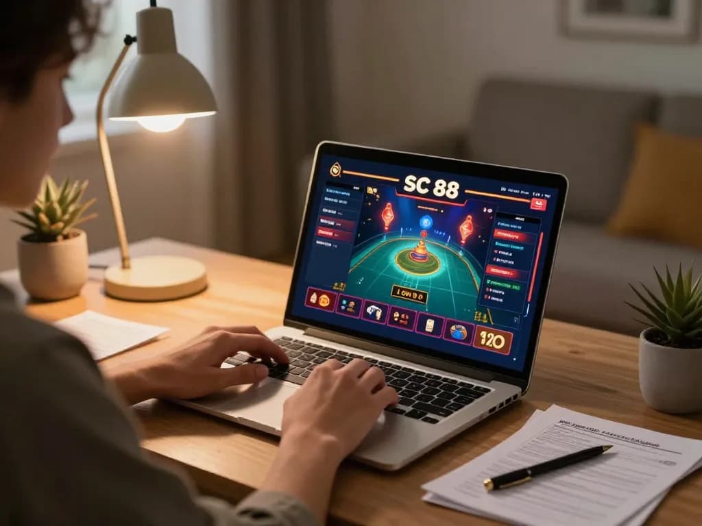 Person enjoying SC 88 online betting on a laptop, demonstrating strategic gameplay in a cozy setting.
