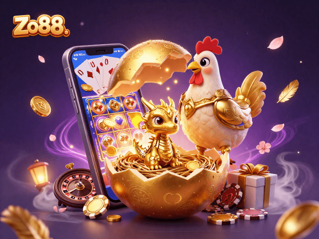 Engage with Zo88. in this vivid golden casino scene featuring exciting slot games and a playful dragon.