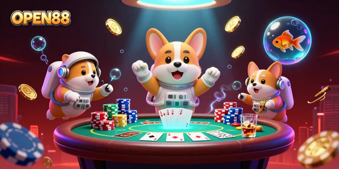 OPEN88 offers a vibrant casino experience with a floating corgi and dynamic gaming elements.