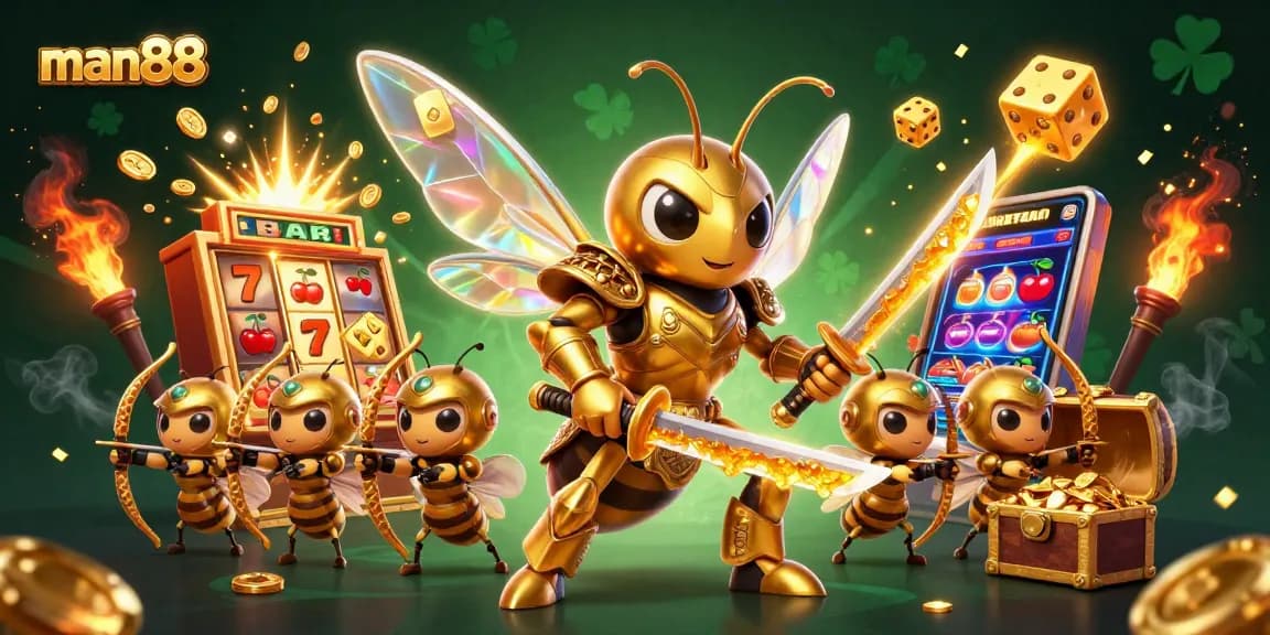 Experience man88’s thrilling jackpot with a dynamic 3D illustration of golden hornets and casino elements.
