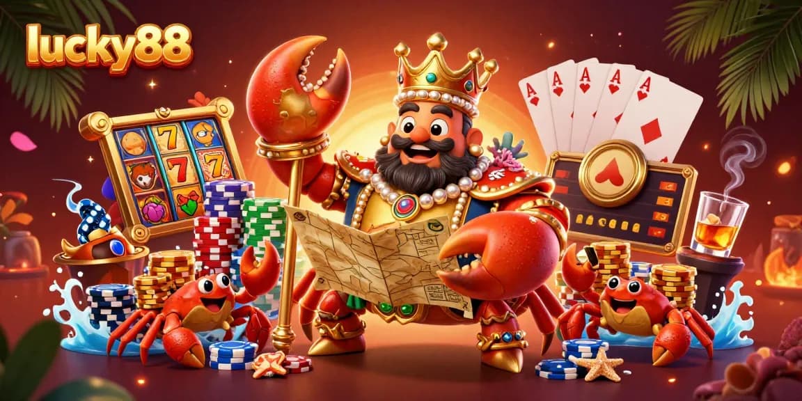 Experience the thrill of lucky88 with a vibrant 3D casino scene featuring a golden crab emperor and dynamic game elements.