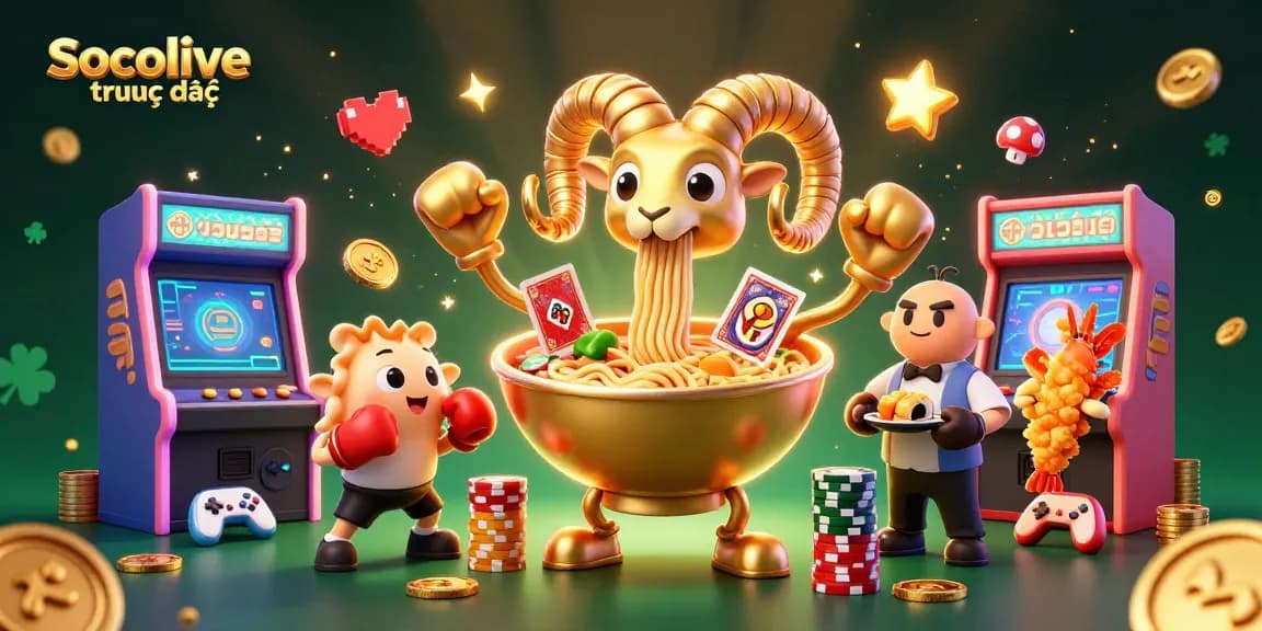 Socolive trực tiếp showcases a lively scene with cartoon characters interacting with vibrant casino elements