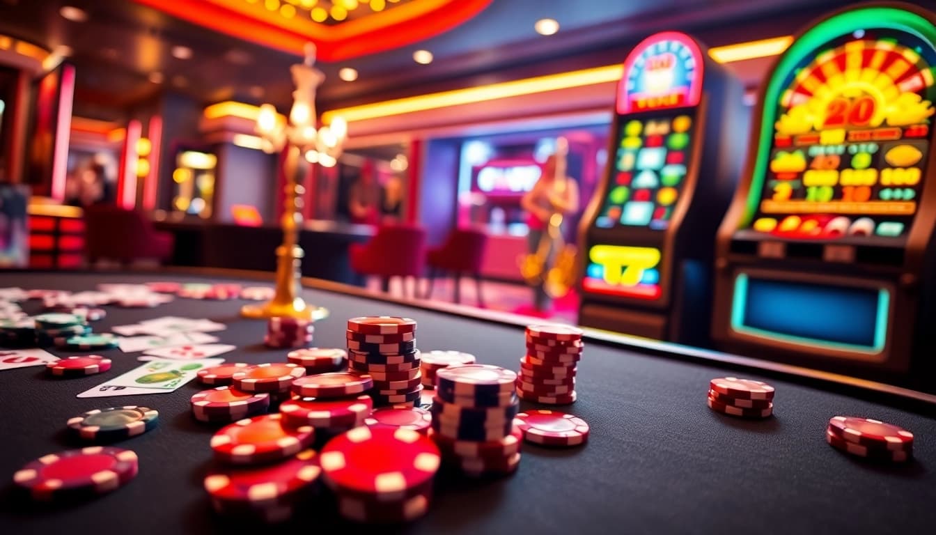 Experience thrilling gameplay at FB88 with colorful poker chips, cards, and a glowing roulette wheel.