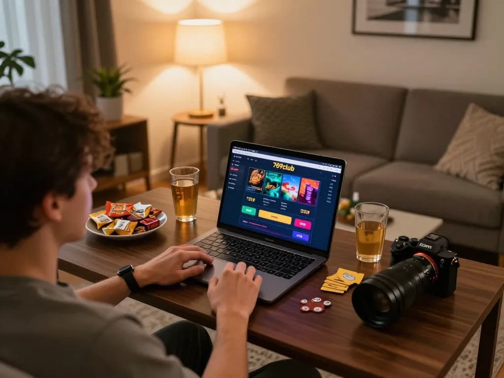 Player enjoying online gaming at 789club on a laptop in a cozy home setting