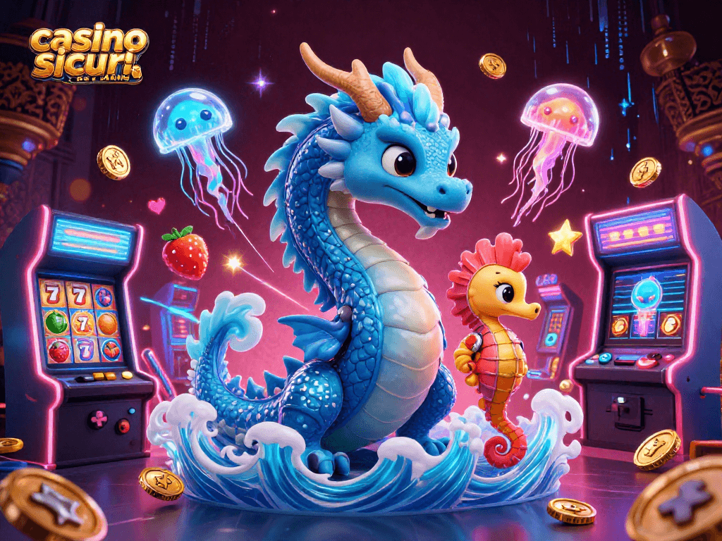 Gioca con i casinò sicuri non AAMS e scopri simboli fortunati in un'illustrazione animata.