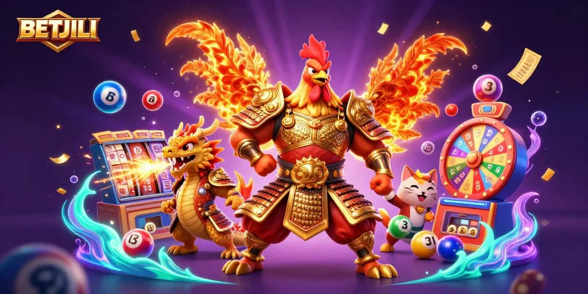 BETJILI presents a dynamic scene of a rooster warrior and dragon hatchling amidst colorful gaming elements, engaging in exciting gambling.