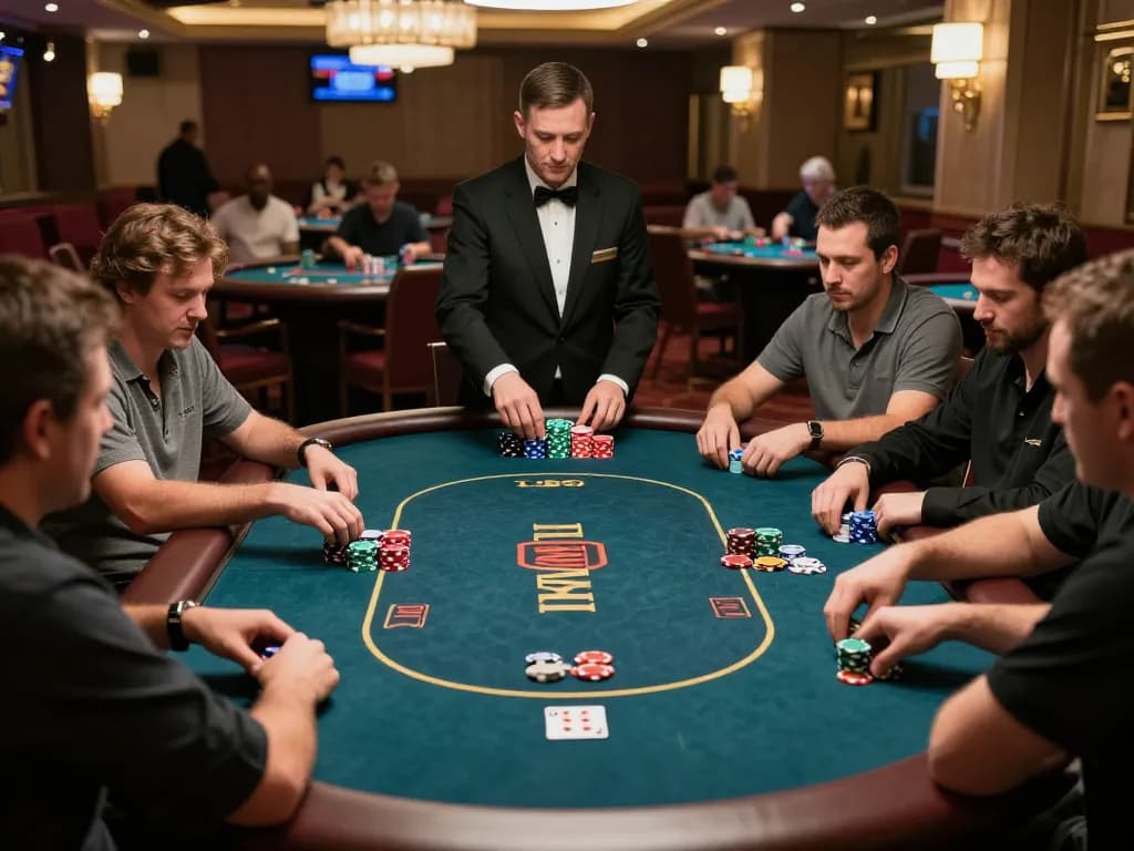 Players strategizing at the poker table in C168 casino, showcasing energetic gameplay and colorful chips.