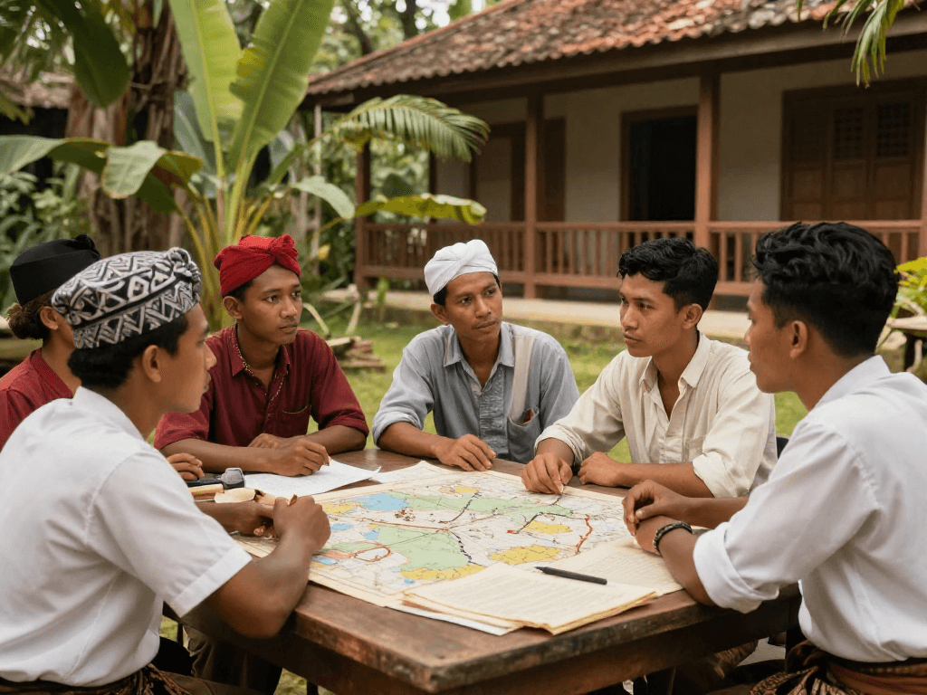 rokok88 highlights Indonesian freedom fighters strategizing against colonial rule in a historical setting.