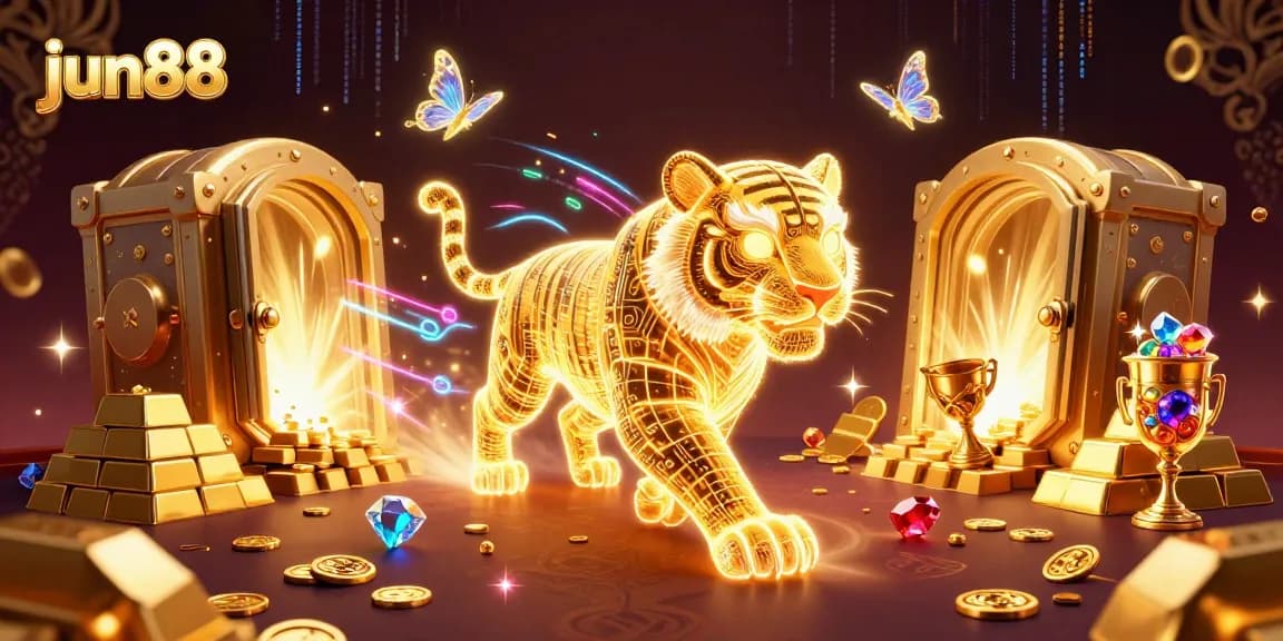 Experience thrill at jun88's digital casino with a neon tiger and treasures sparkling.