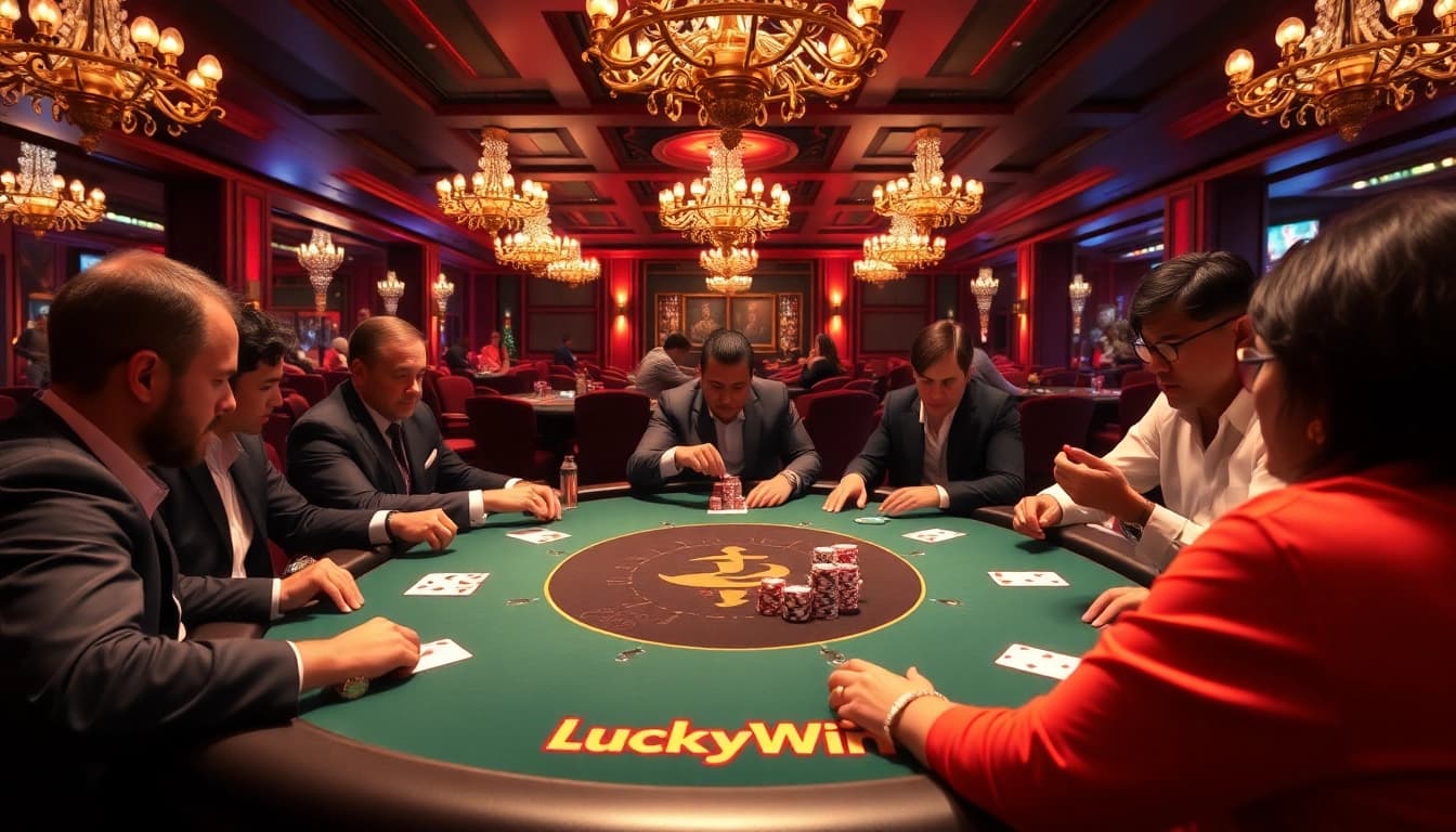 Win big at LuckyWin's glamorous casino poker table filled with excitement and luxury.