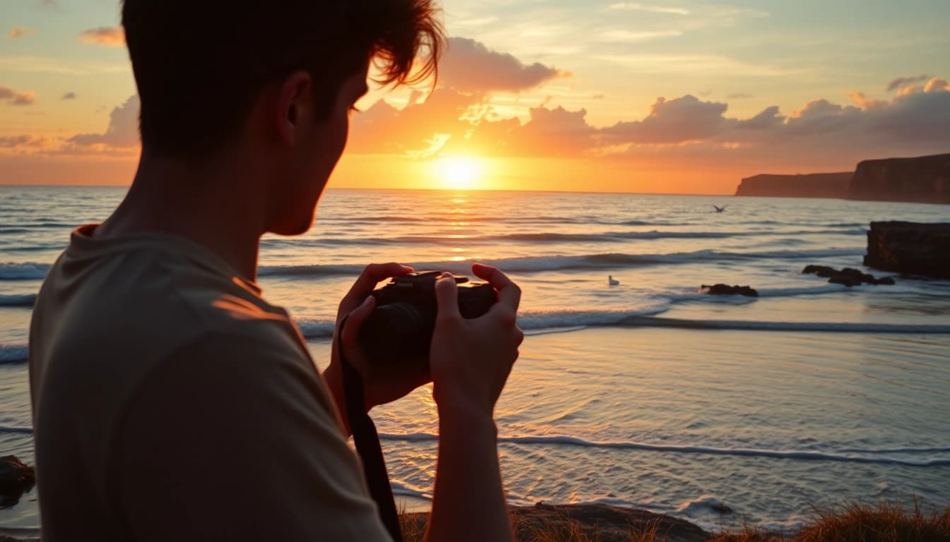 Destination photographer capturing a breathtaking coastal sunset scene with vibrant colors.