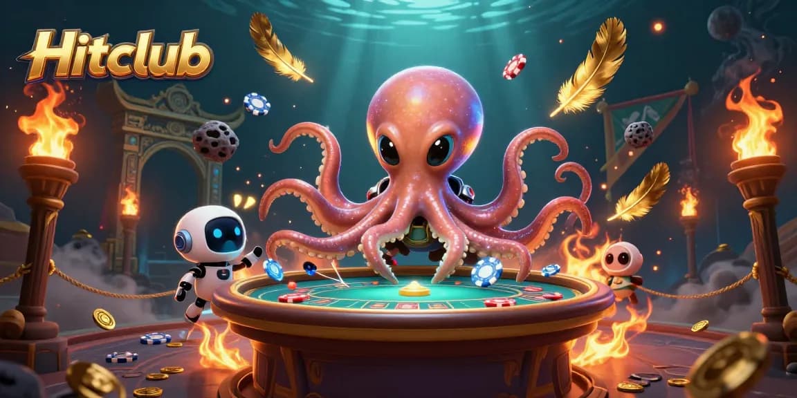 Hitclub engaging poker game illustrated with alien octopus, vibrant casino elements in an exciting scene.