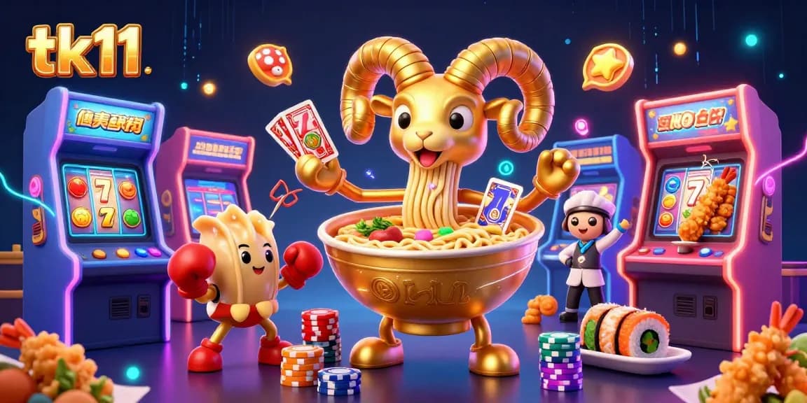 Engage with exciting tk11 gaming action featuring a vibrant illustration of a golden ramen bowl dealer surrounded by energetic game elements.