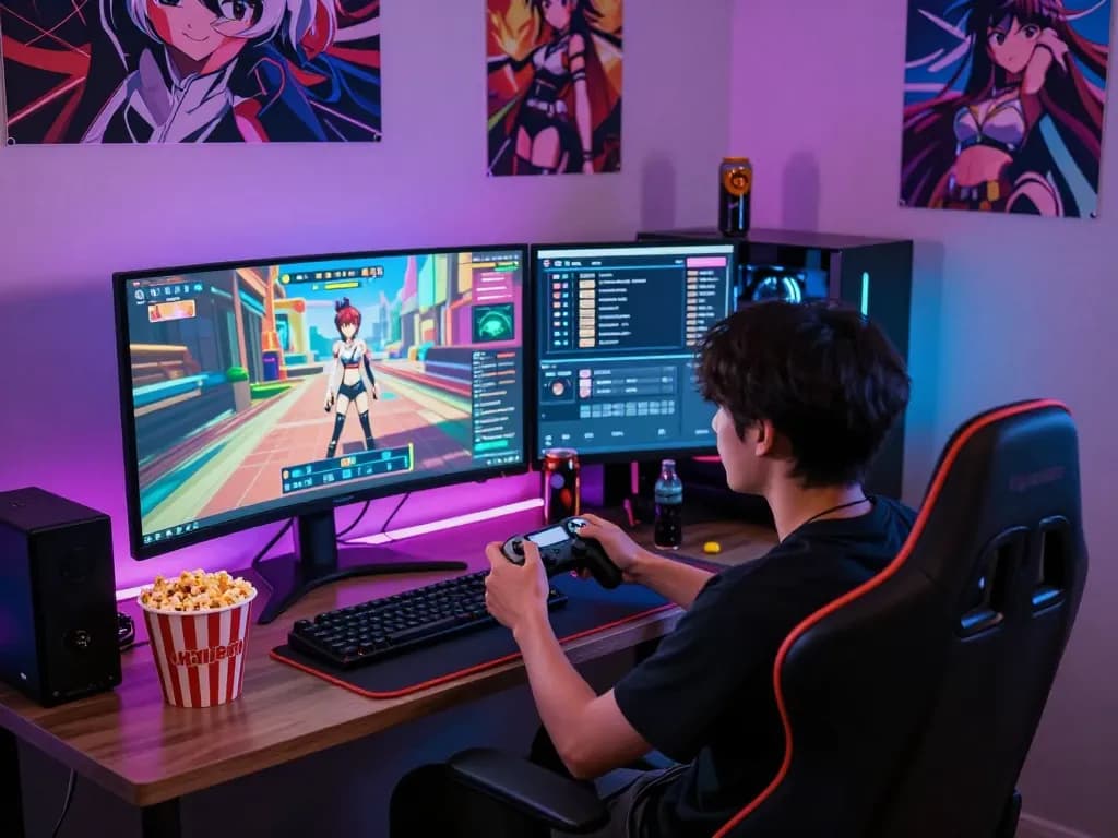 Exciting gameplay scene featuring a hentai game on a large monitor with vibrant LED lighting.