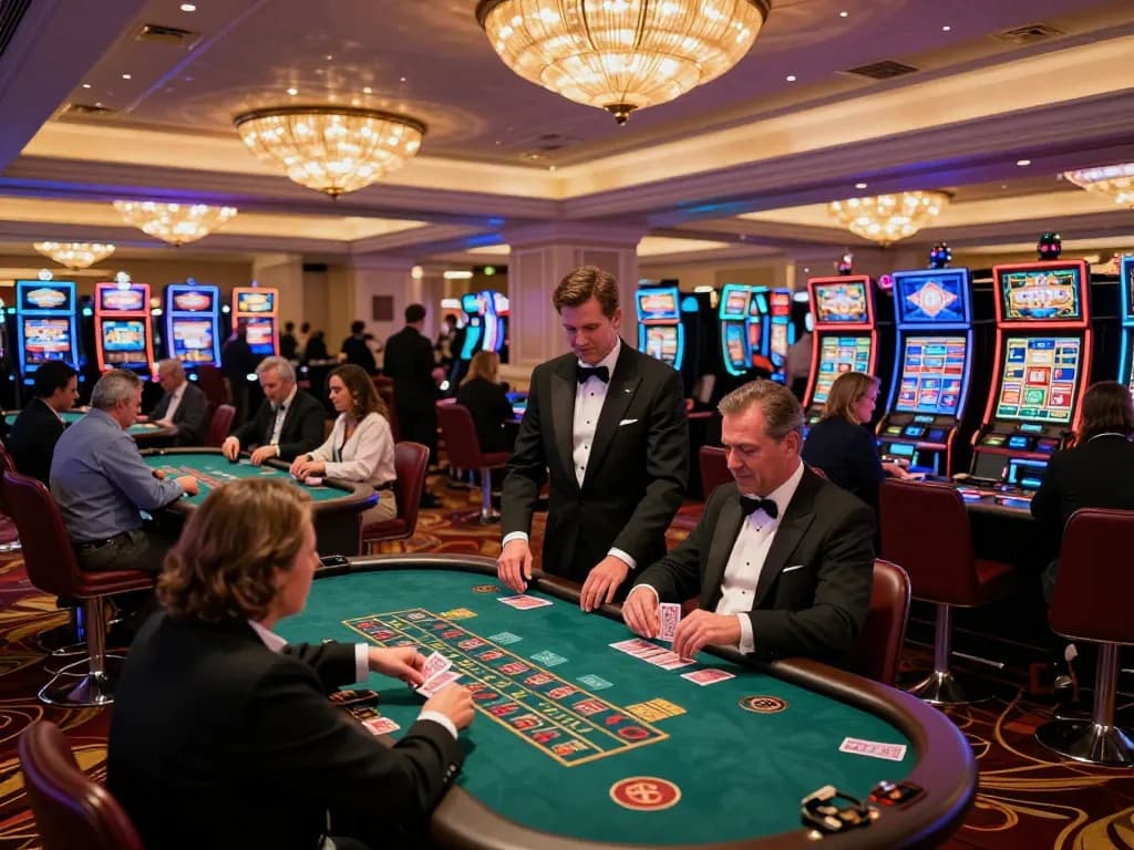 79king casino experience with players engaged in blackjack, dealer in action, vibrant Vegas atmosphere.