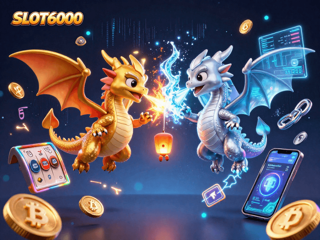 Experience the thrill of SLOT6000 with a dynamic 3D illustration of dragons and gaming elements.