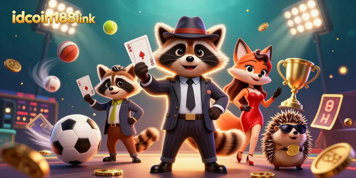 Betting with the suave raccoon at idcoin188link, showcasing vibrant sports elements.