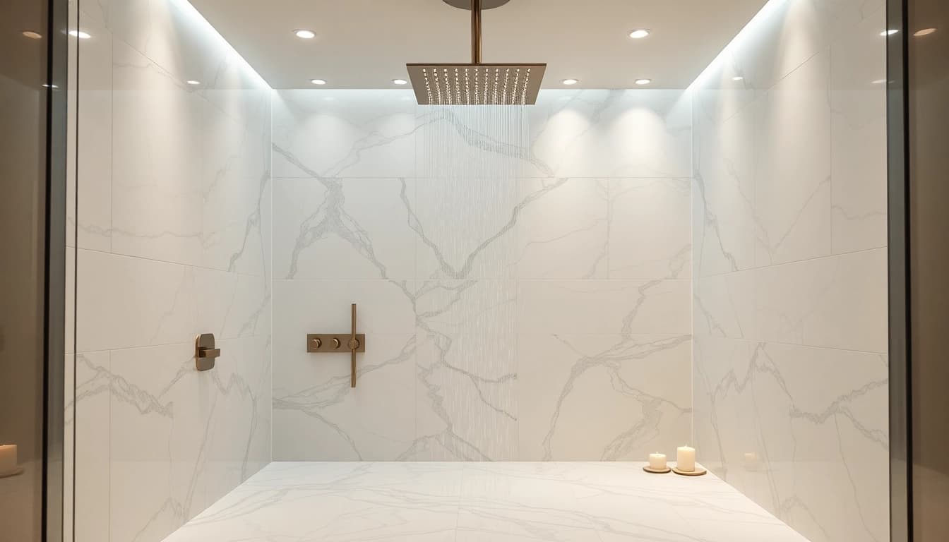 Experience elegant showers with a luxurious rain showerhead and serene bathroom ambiance.