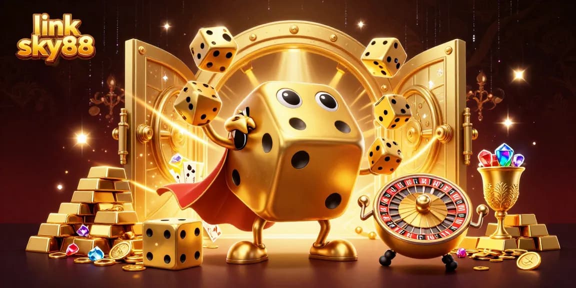 Engage with link sky88's vibrant casino action featuring golden dice and treasures in a thrilling illustration.