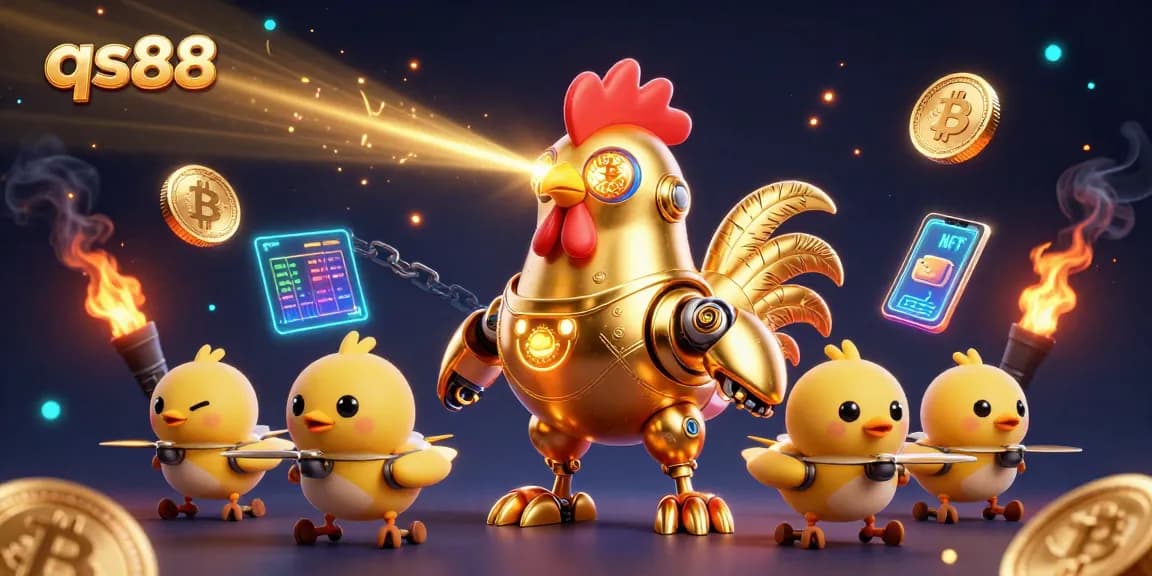 Experience the thrill of qs88 with a dynamic 3D casino scene featuring a golden rooster robot and neon blockchain elements.