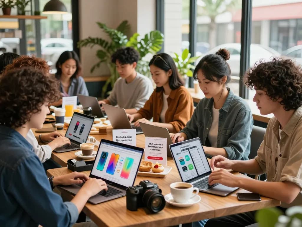 Engaging online shopping scene at a café, promoting sales on https://hubet88.icu/ with customers browsing products.