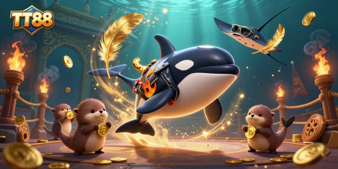 Experience the excitement of TT88, where a dynamic scene blends animated characters and casino elements.