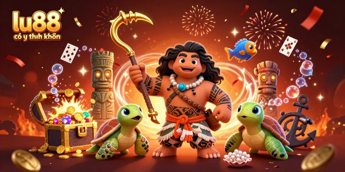 Engage with the vibrant scene exploring the flavor of lu88 có uy tín không with a Polynesian demigod and treasure.
