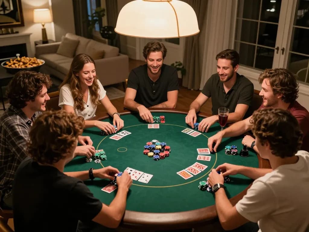 Friends enjoying poker at home, engaging in strategic gameplay with sgwin66 ambiance.