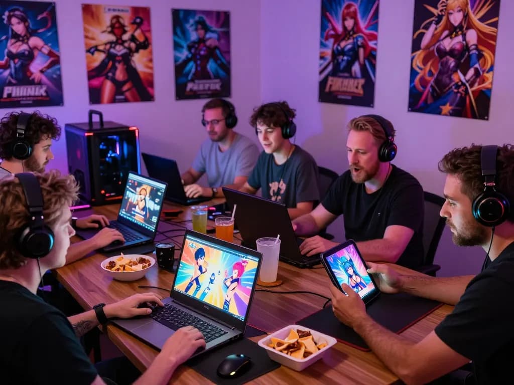 Group of adults playing hentai games on various devices in a cozy gaming room.