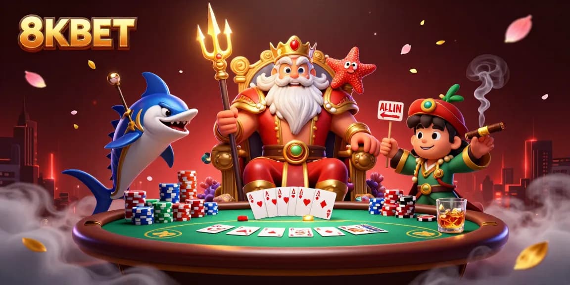 Experience the thrill of 8KBET with Neptune and poker treasures in this rich casino illustration.