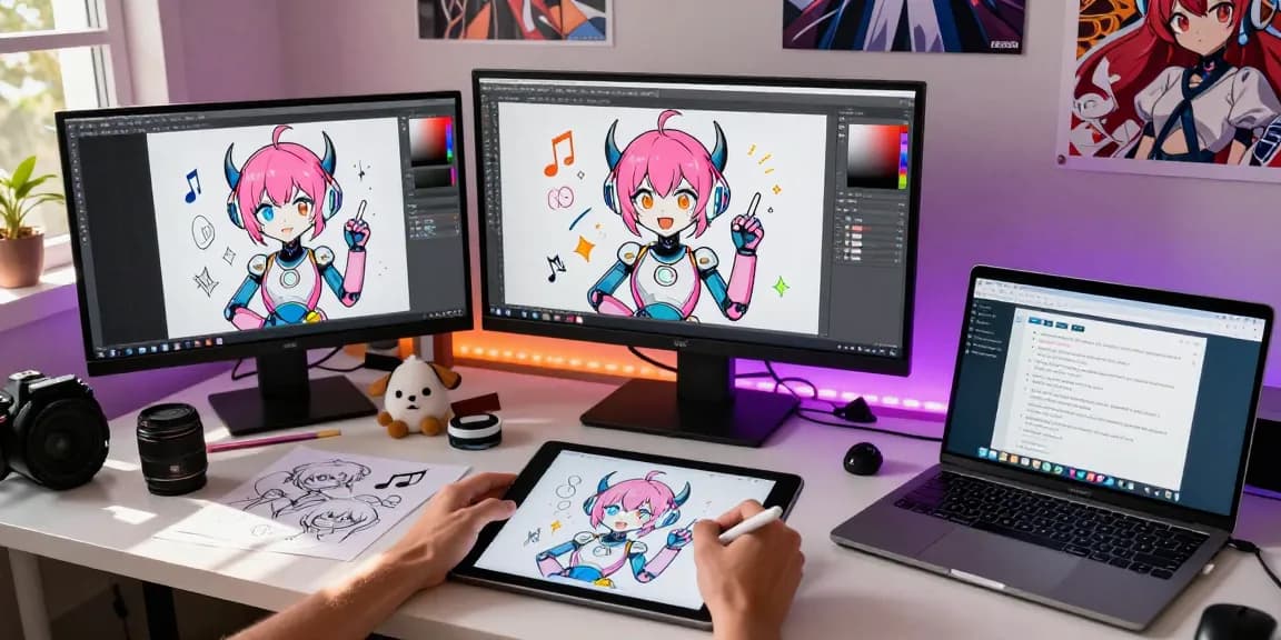 Creative workspace illustrating an ecchi bot character design process, showcasing digital tools and vibrant artist ambiance.