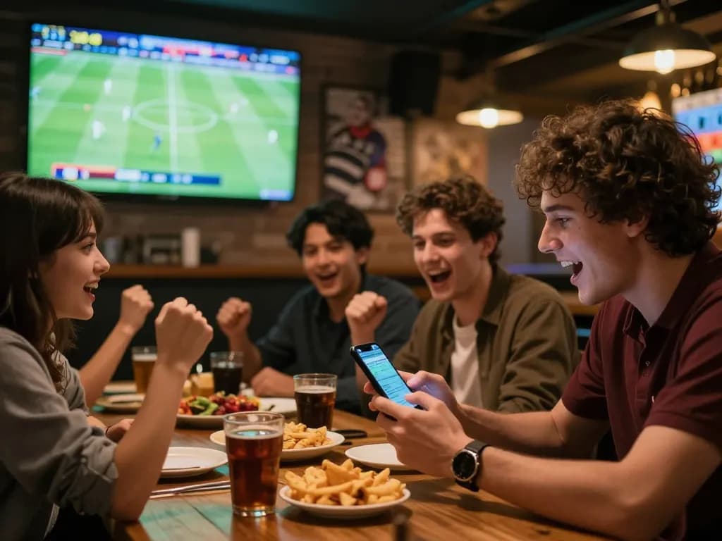 Cheerful friends enjoying sky88 tv while placing bets on a live sports event