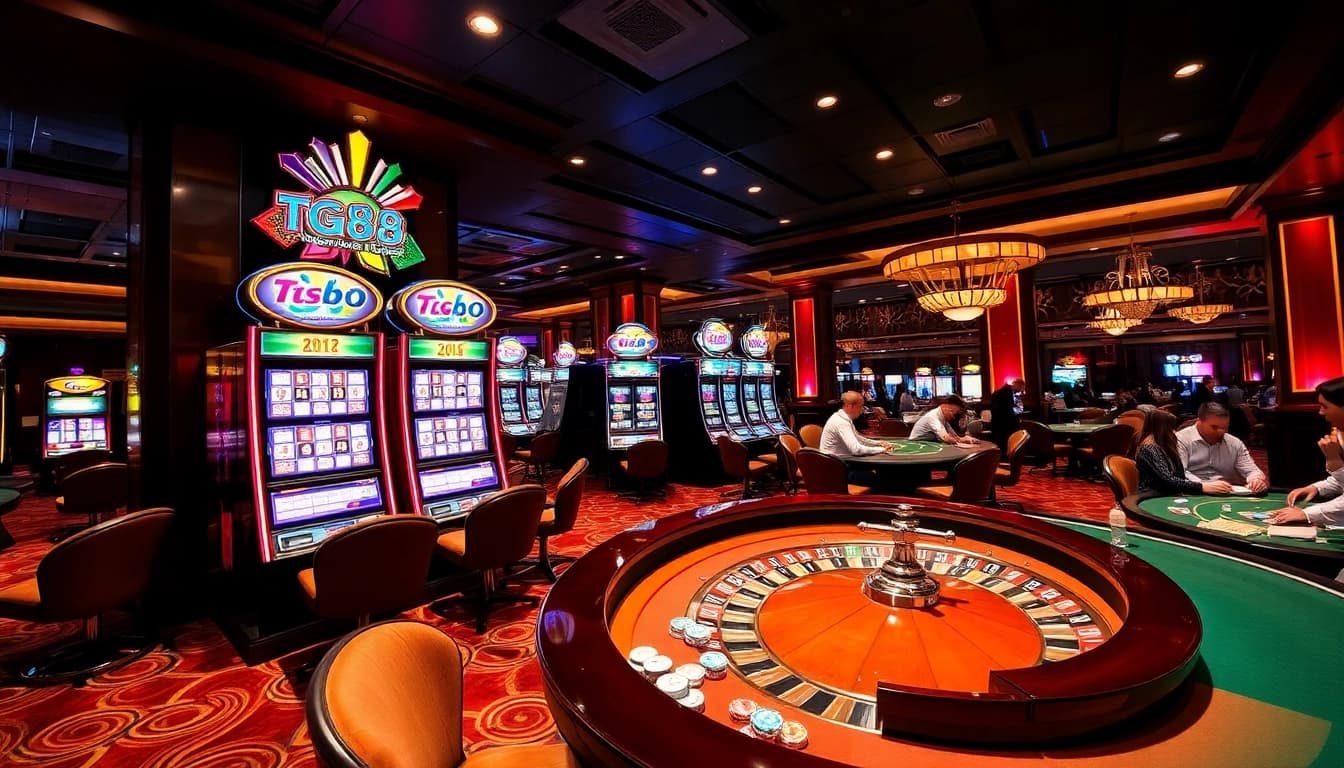 Experience thrilling gaming at TG88's casino, featuring vibrant slot machines and stylish tables.