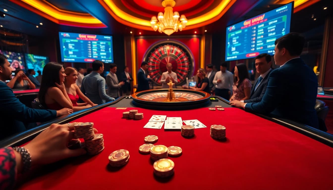 Engaging players at a blackjack table, highlighting excitement of https://ok365.tw/ casino experience.